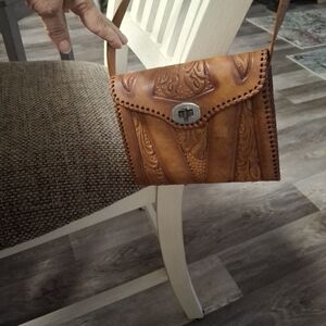 Handcrafted Tooled Leather Crossbody Bag in Tan
